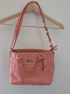 Brahmin Mini Arno Coral Croc-Embossed Leather Satchel Purse Bag Pink Exotic